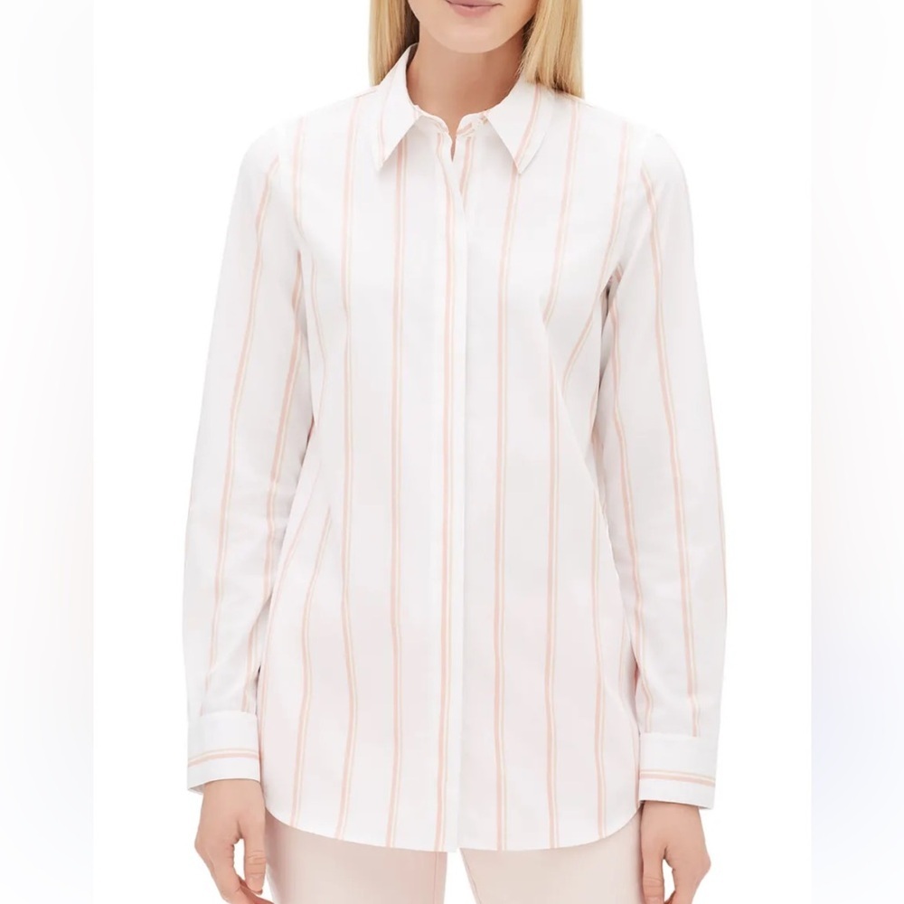 LaFayette 148 New York Velma Long Sleeve Skylark Stripe Long Button Front Blouse - Picture 1 of 10